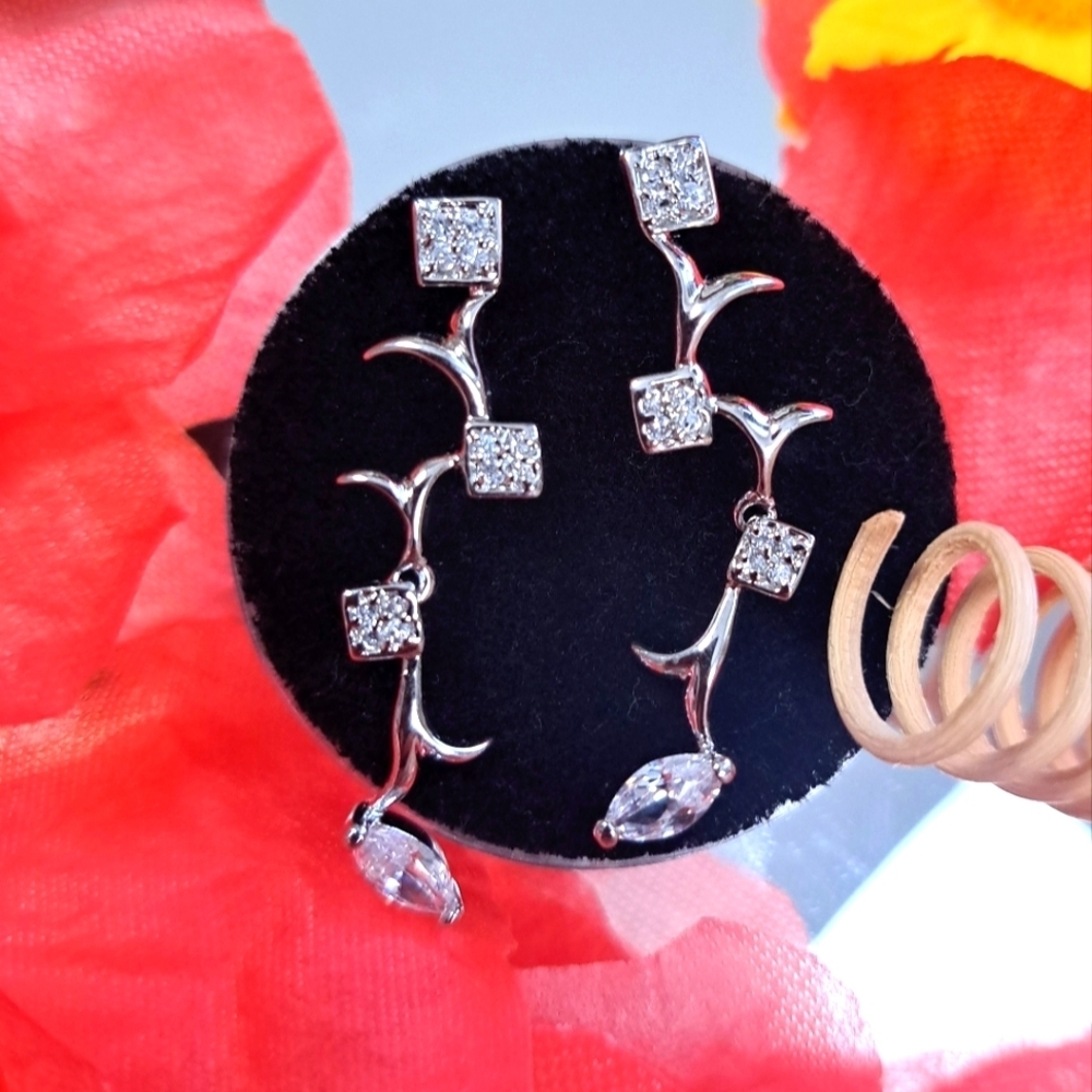 Zirconia Filled Checkered Branch Dangle Earrings real silver 925